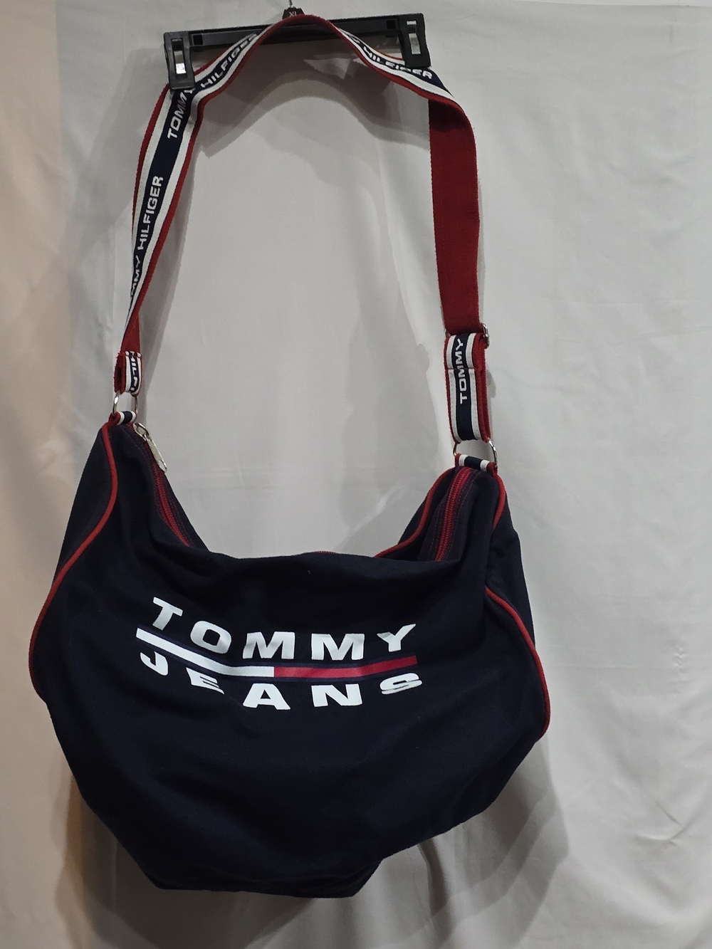 Vtg. 90's Hilfiger Duffle Bag Navy bold White Block Lettering Across Sides